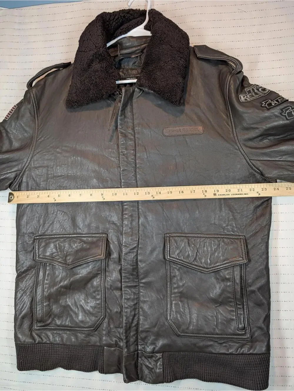 True Religion TR-80 So Cal Leather Bomber Sherpa Collar Jacket Mens XXXL Patches